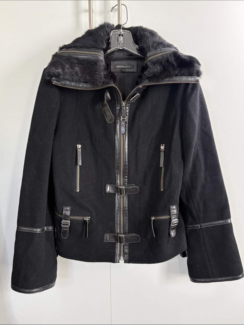 RUDSAK Black Wool Leather-Trim Fur Collar Jacket L